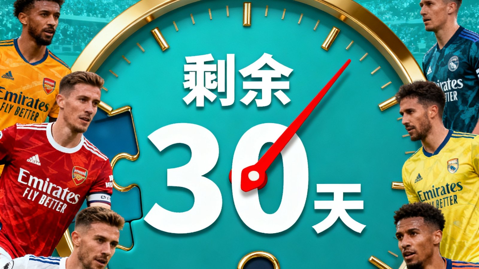 夏季转会新闻汇总封面，多个球衣拼接成拼图图案，背景是转会窗口倒计时时钟
